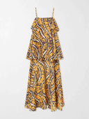 Elegant Abstract Print Tiered Spaghetti Strap Maxi Dress