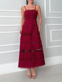 Elegant Lace Hollow-Out Spaghetti Strap Midi Dress
