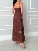 Elegant Lace Hollow-Out Spaghetti Strap Midi Dress