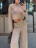 Casual Knit Mesh Crop Top & Wide Leg Pants Two-Piece Set