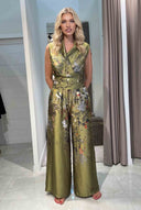 Printed Lace-Up Top And Wide Leg Pants Set