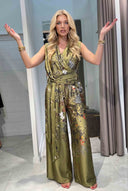 Printed Lace-Up Top And Wide Leg Pants Set