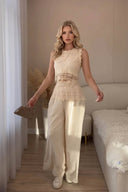 Lace Panelled Top And Wide Leg Pants Set