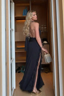 Ruffled Lace Deep V-Neck Slit Maxi Dress