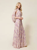 Elegant High Neck Cape Sleeve Ruched Maxi Dress