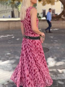 Elegant Mesh Pleated Abstract Floral Print Maxi Dress