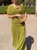 Elegant V-Neck Pleated Flowing Maxi Dress