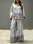 Exquisite Floral Paisley Print Satin Button Shirt & Wide Leg Pants Set