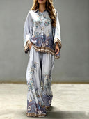 Exquisite Floral Paisley Print Satin Wide Leg Pants