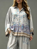 Exquisite Floral Paisley Print Satin Button Shirt