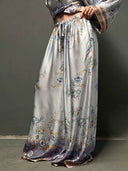 Exquisite Floral Paisley Print Satin Wide Leg Pants