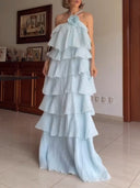 Elegant Tiered Ruffle Halter Maxi Dress