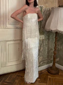 Sequin Tiered Fringe Strapless Maxi Dress