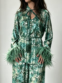 Exquisite Watercolor Print Feather Cuff Tie Shirt