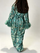 Exquisite Watercolor Print Feather Cuff Tie Shirt