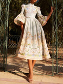 Retro Garden Print Flared Sleeve Midi Dress