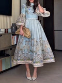 Retro Garden Print Flared Sleeve Midi Dress