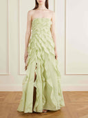 Cascading Ruffle Strapless High Slit Maxi Dress