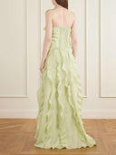 Cascading Ruffle Strapless High Slit Maxi Dress