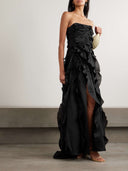 Cascading Ruffle Strapless High Slit Maxi Dress
