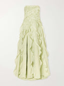 Cascading Ruffle Strapless High Slit Maxi Dress