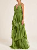 Elegant Deep V-Neck Tiered Tulle Maxi Dress