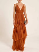 Elegant Deep V-Neck Tiered Tulle Maxi Dress