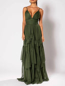 Elegant Deep V-Neck Tiered Tulle Maxi Dress