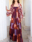 Abstract Watercolor Print Maxi Dress & Kimono Two-Piece Set