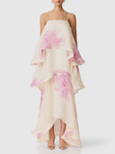 Elegant Floral Tiered Ruffle High-Low Organza Maxi Dress