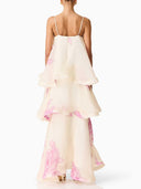 Elegant Floral Tiered Ruffle High-Low Organza Maxi Dress