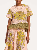 Elegant Paisley Print Feather Trim Top