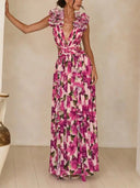 Elegant Floral Print Pleated Openwork Maxi Dress