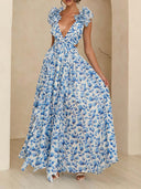 Elegant Floral Print Pleated Openwork Maxi Dress