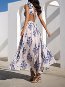 Elegant Floral Print Pleated Openwork Maxi Dress