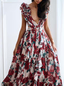 Elegant Floral Print Pleated Openwork Maxi Dress