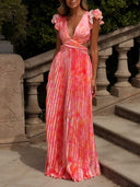 Elegant Tie‑Dye Ruffle Shoulder Pleated Cutout Maxi Dress
