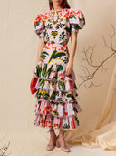 Elegant Tropical Print Puff Sleeve Ruffle Two-Piece Set