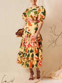 Elegant Tropical Print Puff Sleeve Ruffle Two-Piece Set