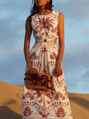 Palm Tree Print O‑ Cutout Scalloped Hem Midi Dress