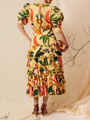 Elegant Tropical Print Puff Sleeve Ruffle Two-Piece Set