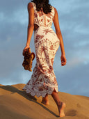 Palm Tree Print O‑ Cutout Scalloped Hem Midi Dress