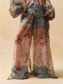 Retro Tropical Palm Tree Ship Print Sheer Chiffon Pants