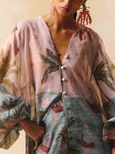 Retro Tropical Palm Tree Ship Print Sheer Chiffon Pants
