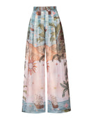 Retro Tropical Palm Tree Ship Print Sheer Chiffon Pants