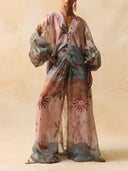 Retro Tropical Palm Tree Ship Print Sheer Chiffon Pants