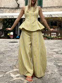 Retro Striped Ruffle Sleeveless Top & Pants Set
