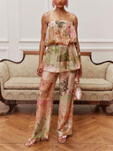Romantic Floral Print Sheer Cami Top & Wide-Leg Pants Two-Piece Set