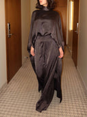 Elegant Satin Batwing Top & Draped Wide-Leg Pants Two-Piece Set