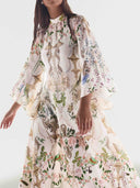 Exquisite Flared Sleeve Floral Print Satin Maxi Dress